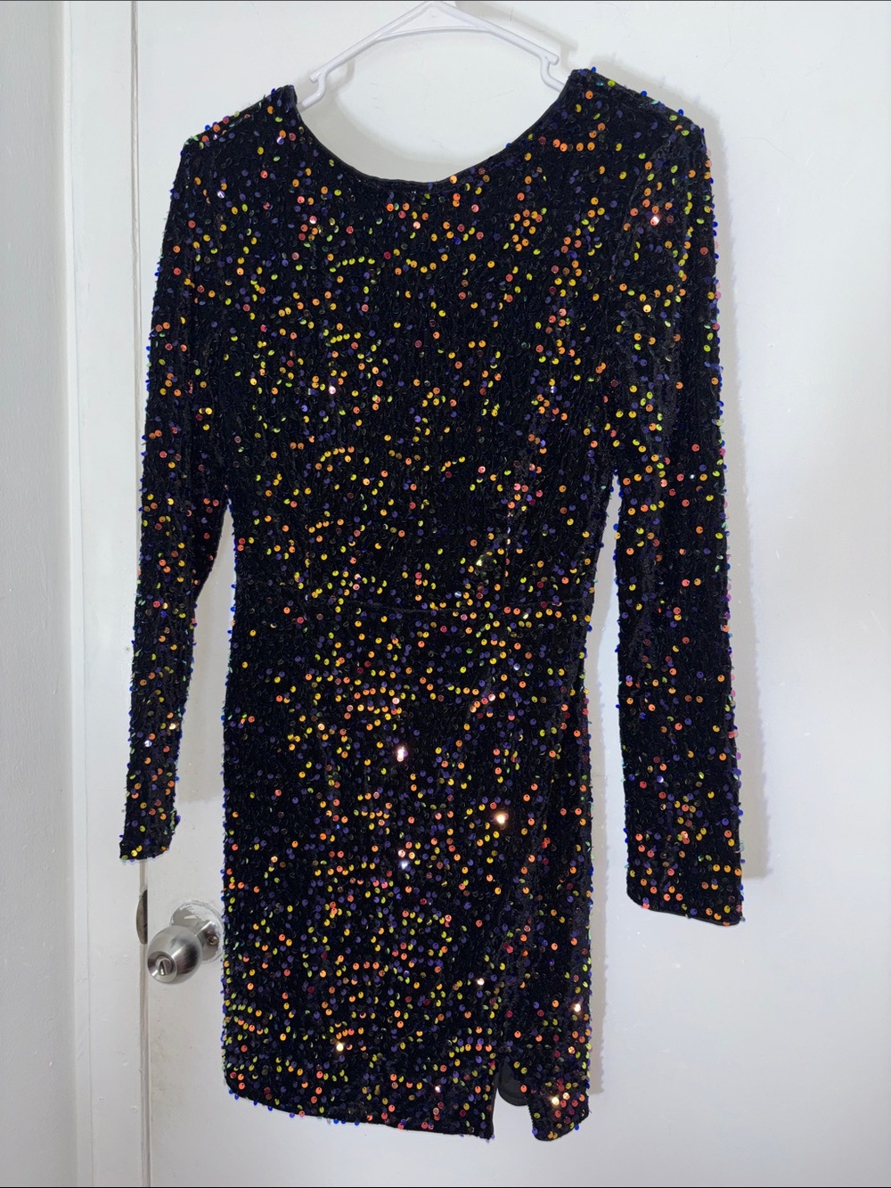 Black Multicolor Sequin Mini Dress with Long Sleeves